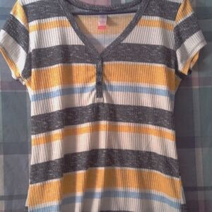 No Boundaries Button-Up Cardigan with Yellow and Gray Stripes